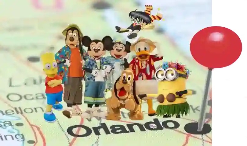 mapa orlando con personajes disney y universal orlando