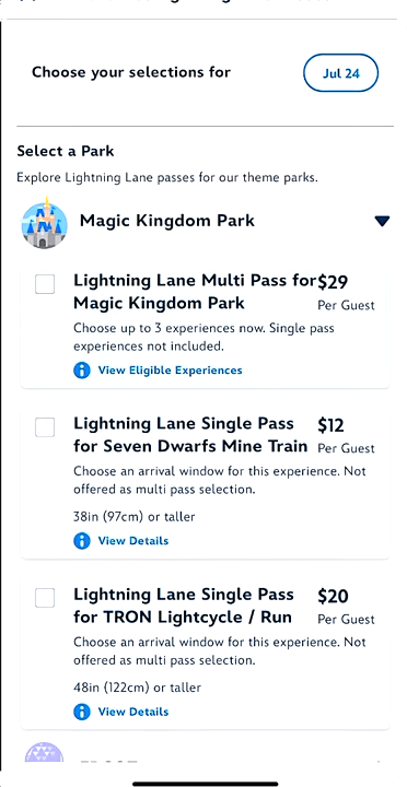 Pantalla lightning Lane Magic Kingdom Disney World