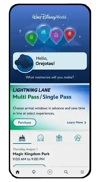 Pantalla inicio My Disney Experience disney world orlando