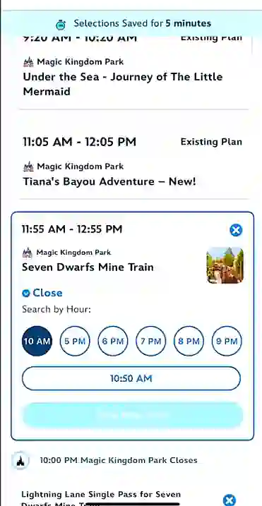 Pantalla del Lightning Lane Single pass Disney World