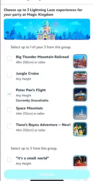 pantalla Lightning lane seleccionar atracciones Disney World